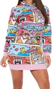 Members Only Looney Tunes Comic Graphic Hoodie Dress Mini All Over Print Large